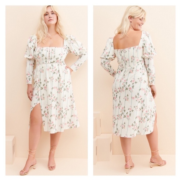 FOR LOVE & LEMONS | Rose Striped Midi Dress Linen Blend Long Sleeve A Line - Picture 1 of 8